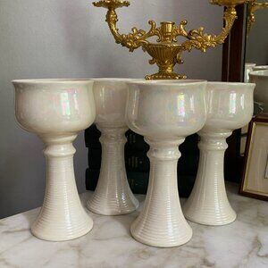 4 Vintage Iridescent White Ceramic handmade Wine Glasses Goblets Signed Sylvie